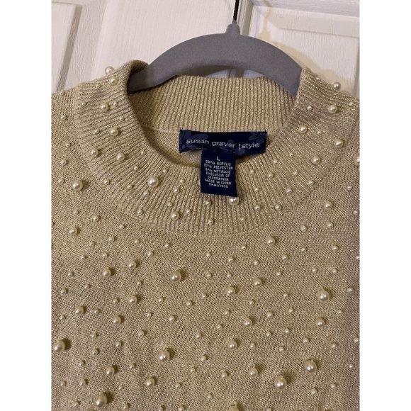Susan Graver 🐾 Gold Beige Pearl Embellished Short-sleeve Blouse, Size Large - Picture 4 of 4